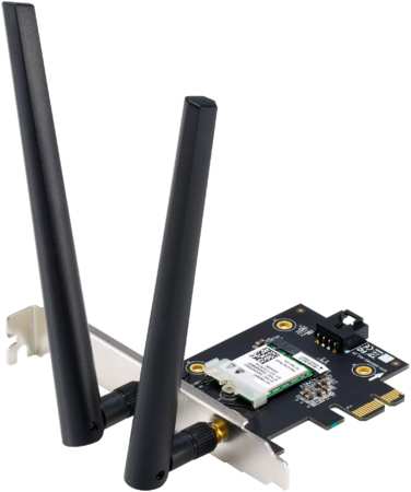 Адаптер Bluetooth+Wi-Fi ASUS PCE-AXE5400, 802.11a/b/g/n/ac/ax, 2.4/5/6 ГГц, до 2.98 Гбит/с, PCI-E, внешних антенн: 2