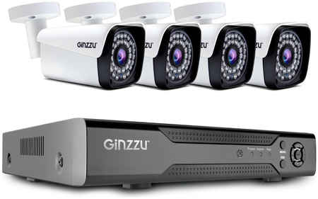 Комплект видеонаблюдения Ginzzu HK-840N, кол-во каналов 8, камер в комплекте: 4 (уличные), 2 Мп, 3.6мм, ИК подсветка, (17275) 970968128