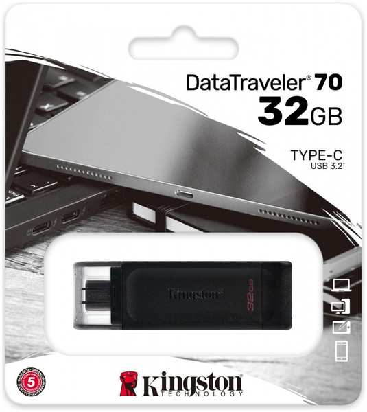Флешка 32Gb USB 3.2/Type-C Kingston Data Traveler DT70, черный (DT70/32GB) 970990409