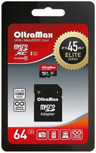 Карта памяти Oltramax MicroSDXC 64GB Class 10 UHS-1 Elite (+ адаптер SD)