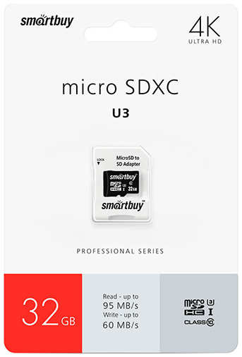Карта памяти Smartbuy MicroSDHC 32GB Class10 PRO U3 (с адаптером SD)