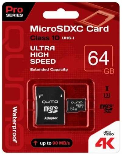 Карта памяти Qumo MicroSDXC 64GB UHS-I U3 Pro seria 3.0 (QM64GMICSDXC10U3) +адаптер 971000199554698