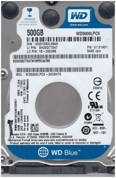 Жесткий диск Western Digital 500GB/2,5/SATA III (WD5000LPCX)