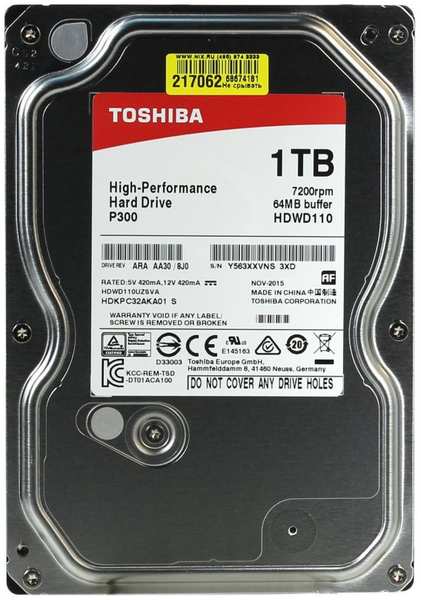 Жесткий диск Toshiba P300 SATA-III/1Tb/7200rpm/64Mb/3.5 (HDWD110UZSVA) 971000730885698